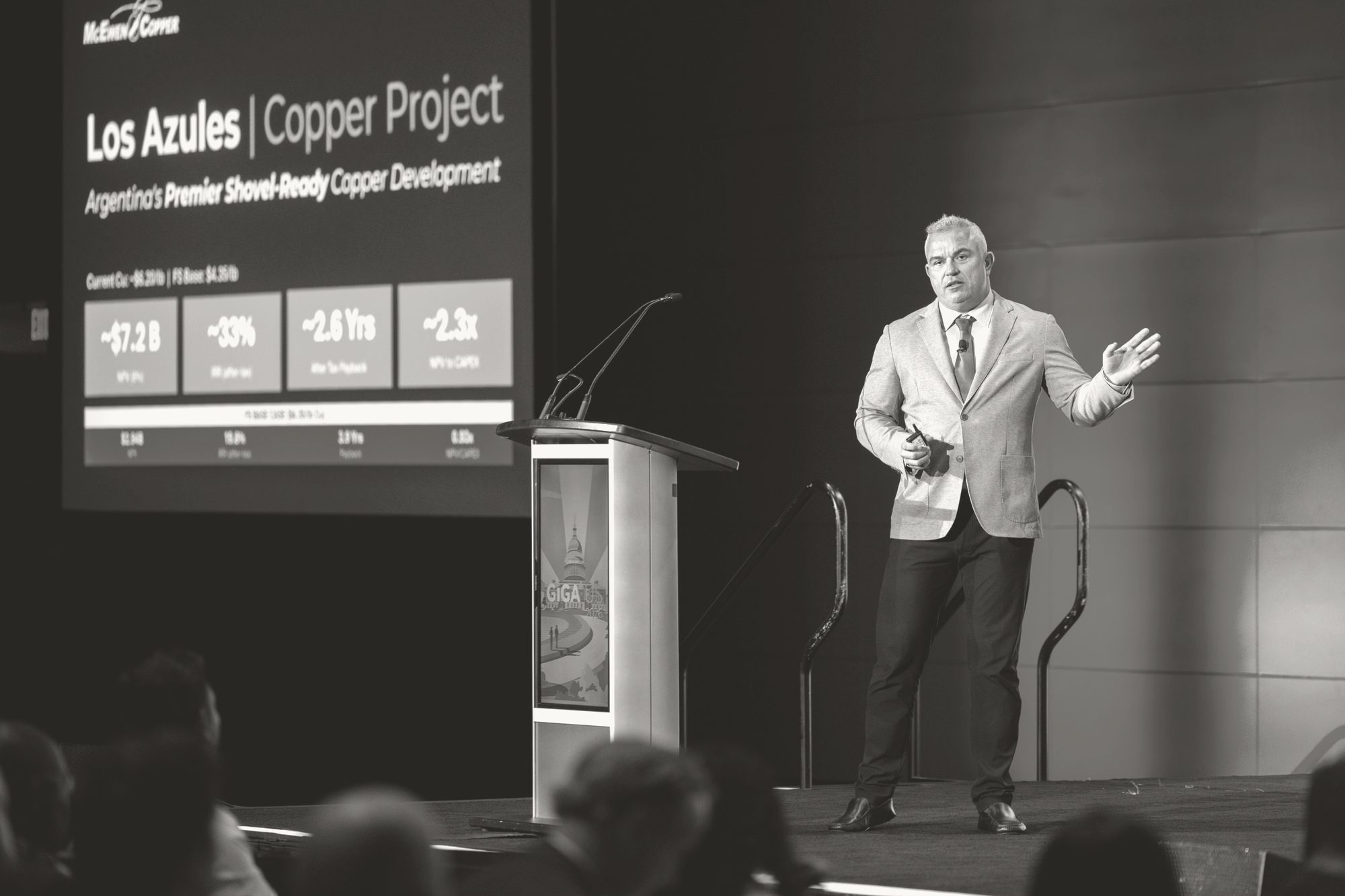Michael Meding presenting Los Azules at the Benchmark Minerals event in Washington, 2026
